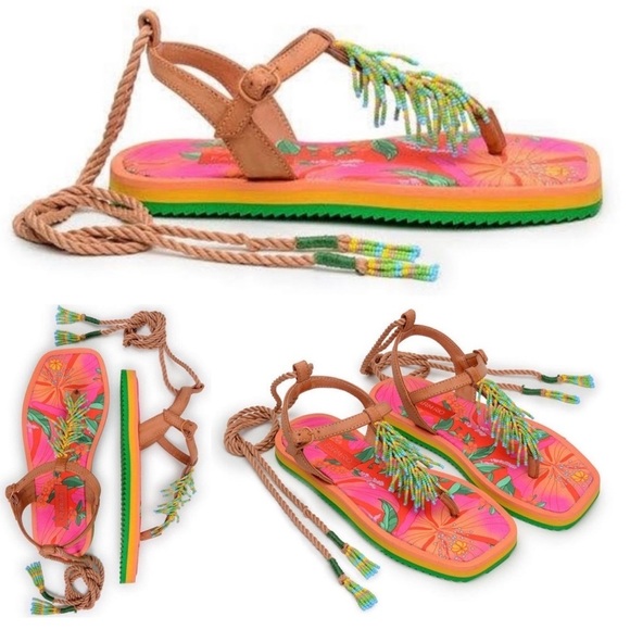 Farm Rio | NWT Size 7 Floral Pierre Beaded Flat Sandals - Picture 5 of 16